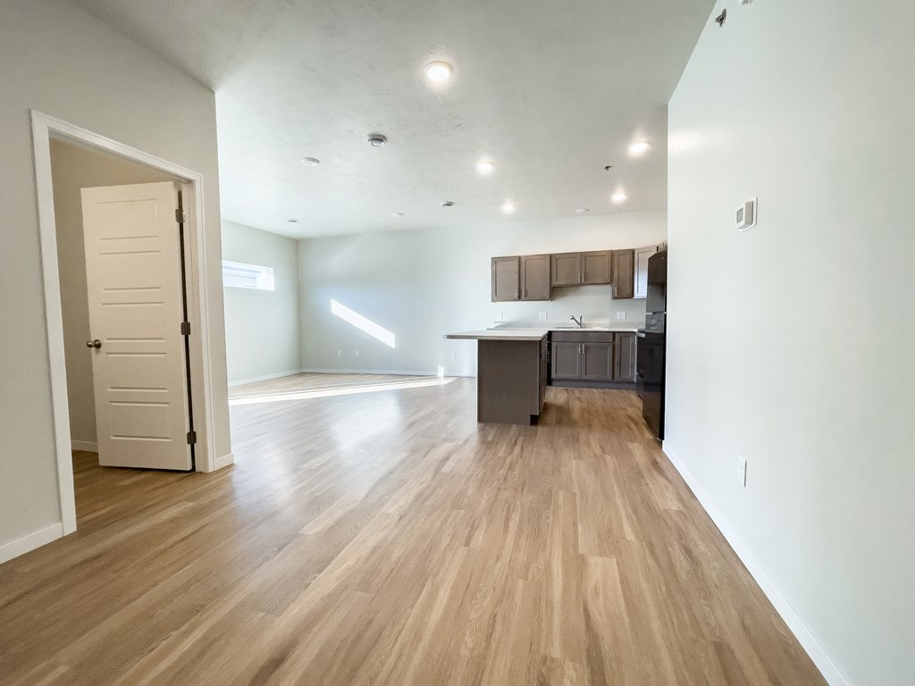 an empty living room and kitchen in an empty apartment