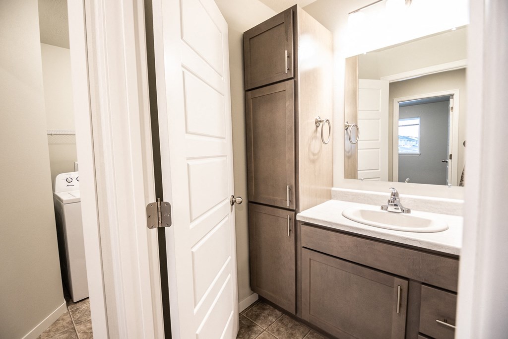 a bathroom with a sink and a mirror and a closet