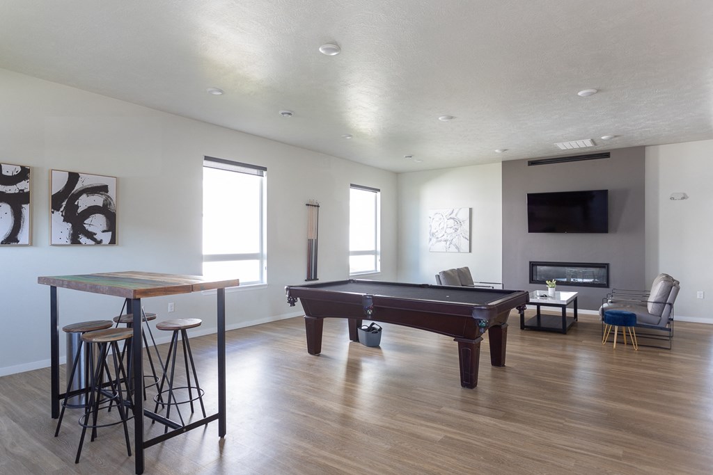 a game room with a pool table and a tv