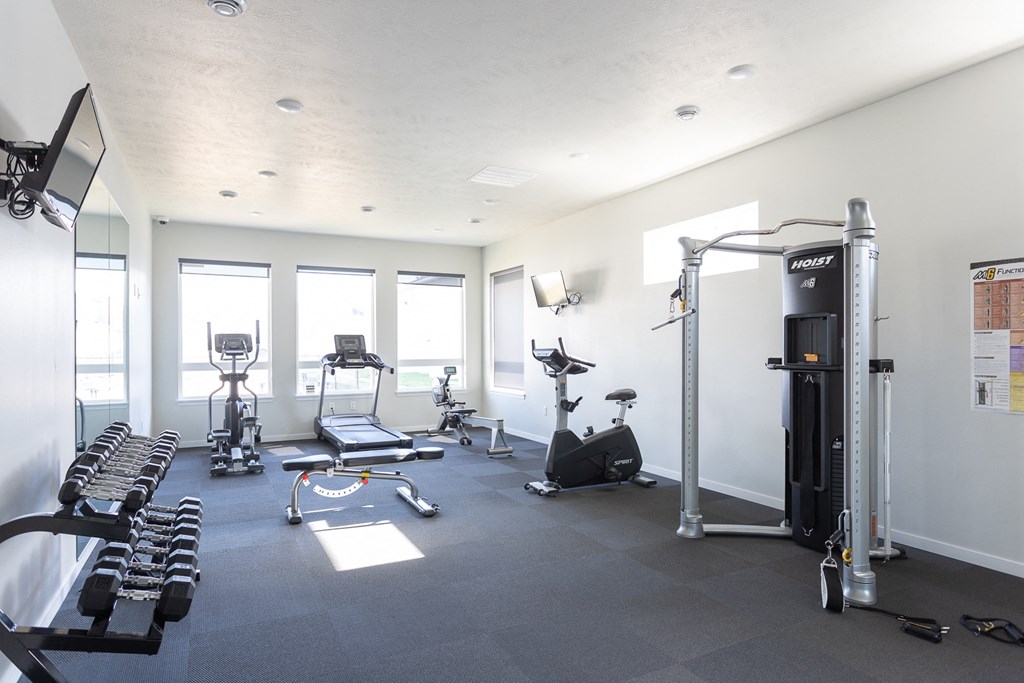 a gym with cardio machines and weights on the floor