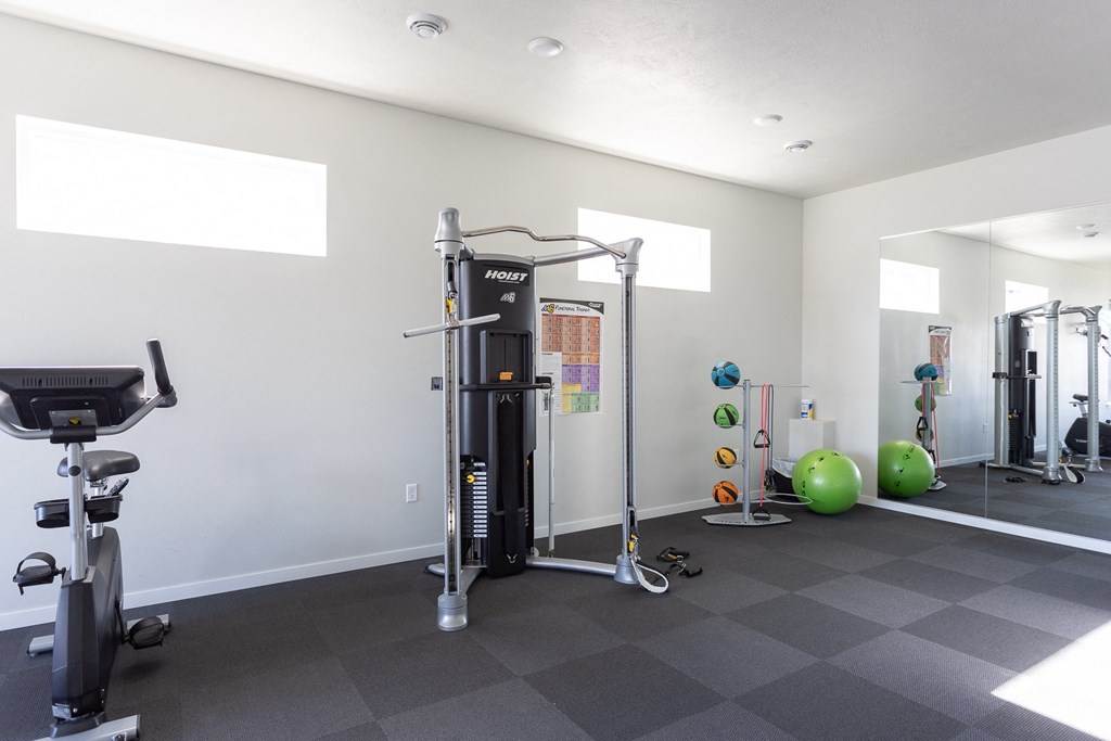 a gym with exercise equipment and weights in a home gym
