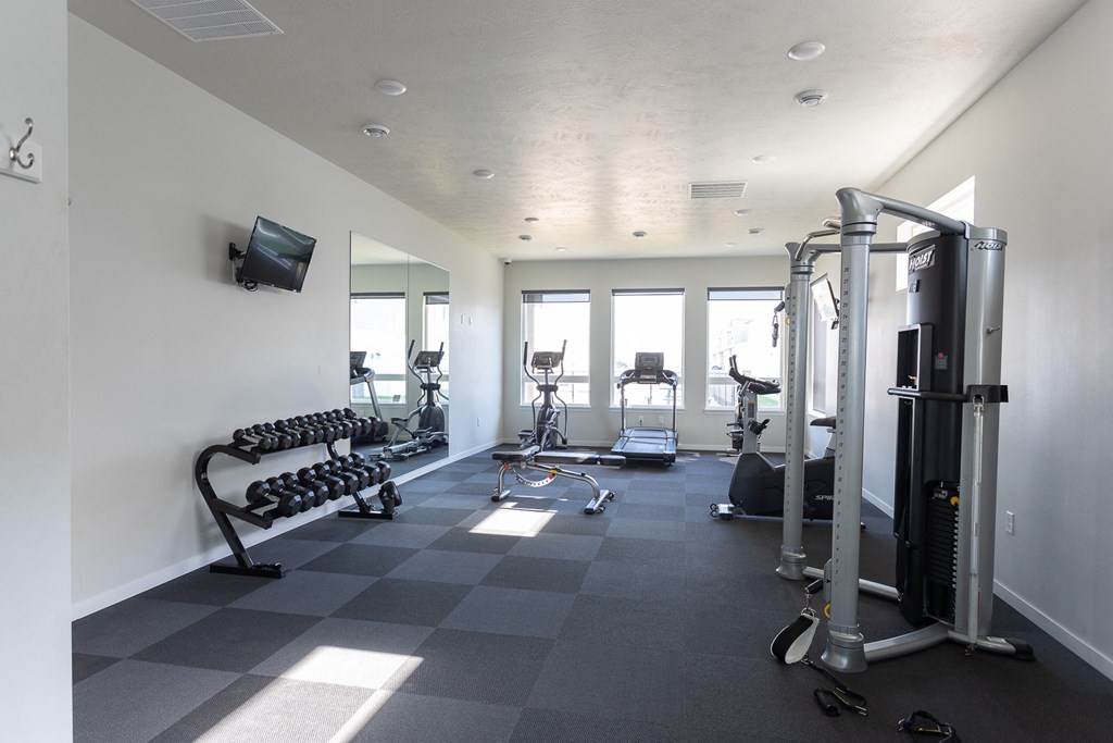 a gym with weights and cardio equipment in a room with windows