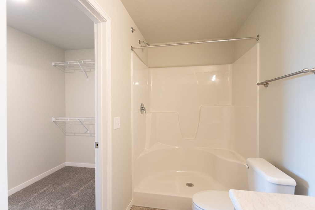 a bathroom with a shower and a toilet