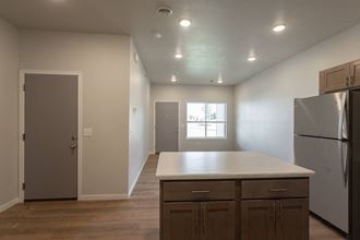 a kitchen with a counter top and a refrigerator