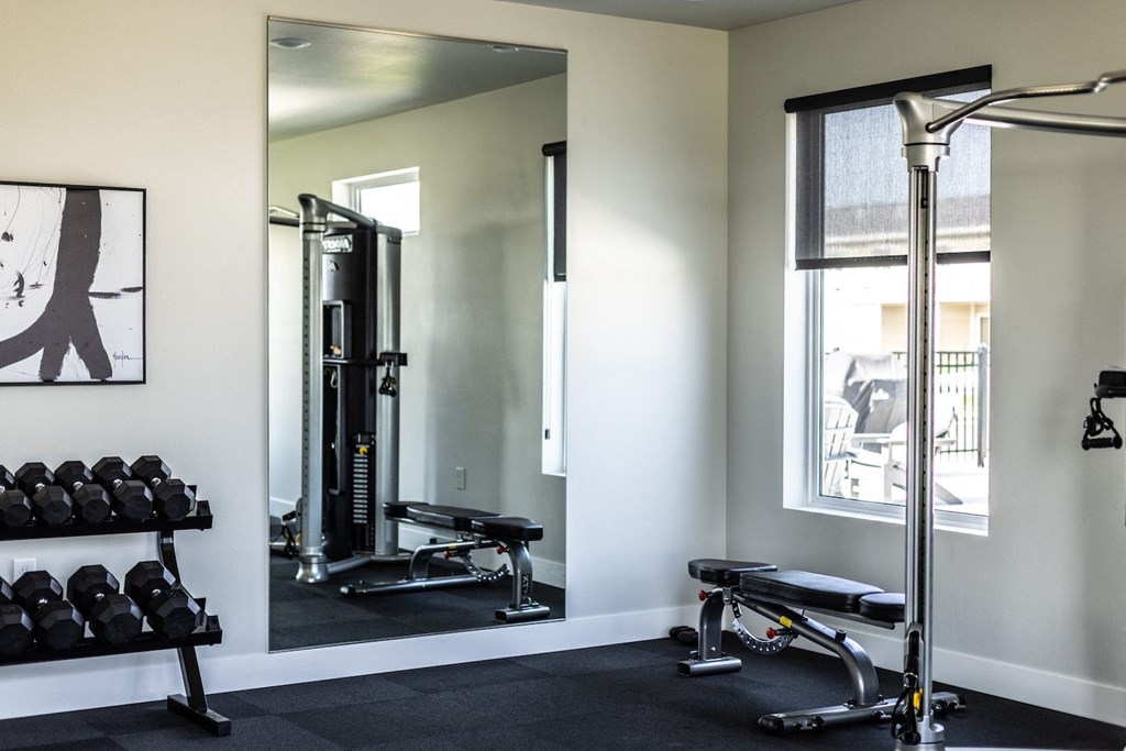 a home gym with a mirror and exercise equipment
