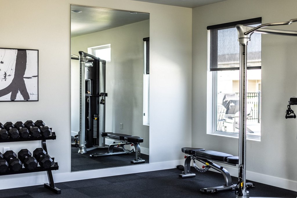 a home gym with a mirror and exercise equipment