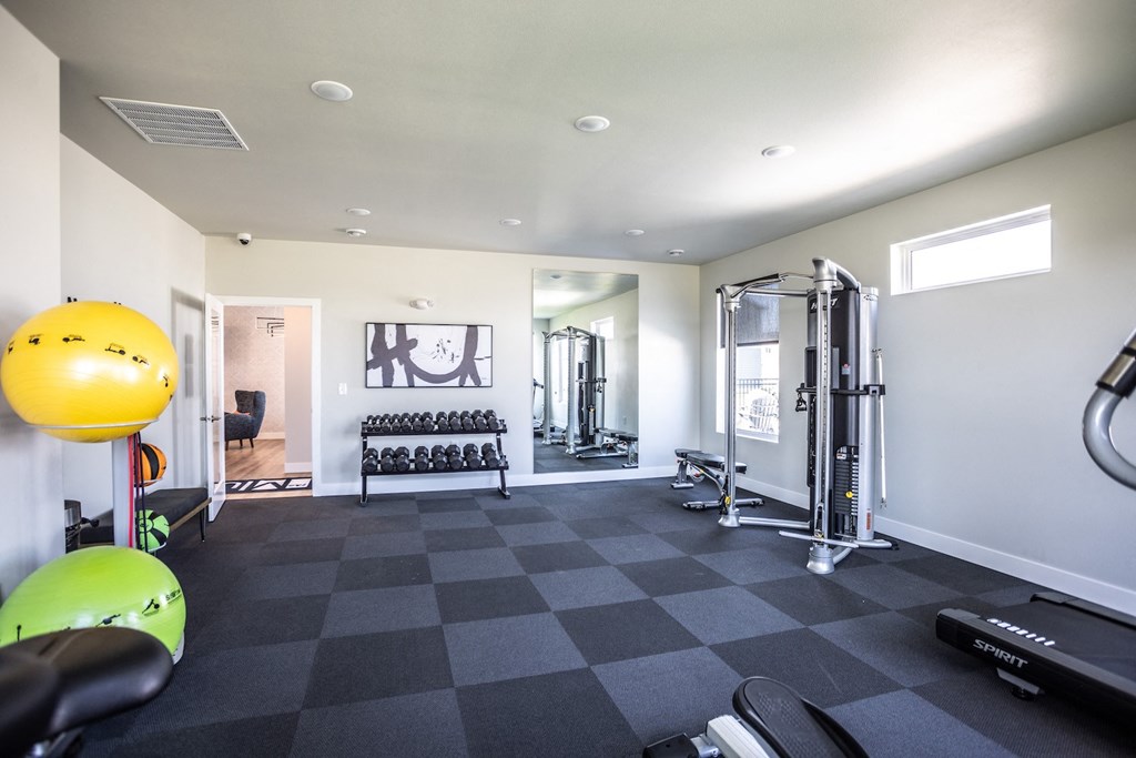 a home gym with exercise equipment and a yellow ball on the floor