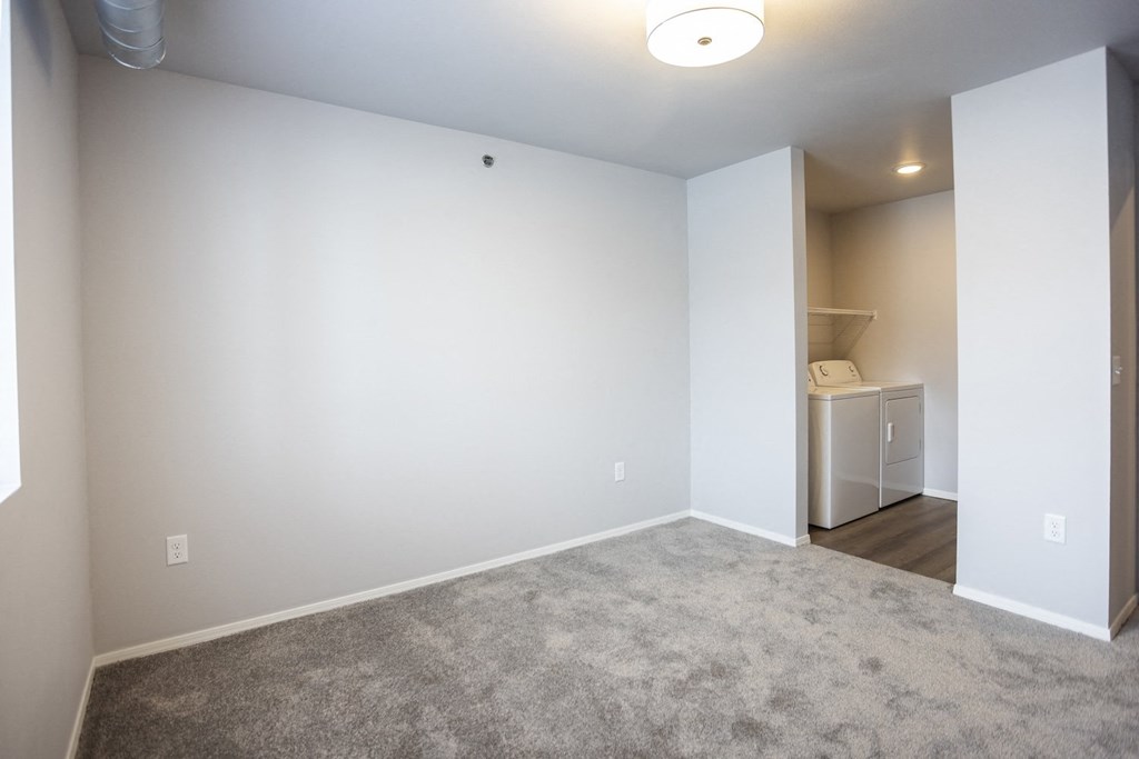 Bright, vacant bedroom with neutral walls and carpet flooring.