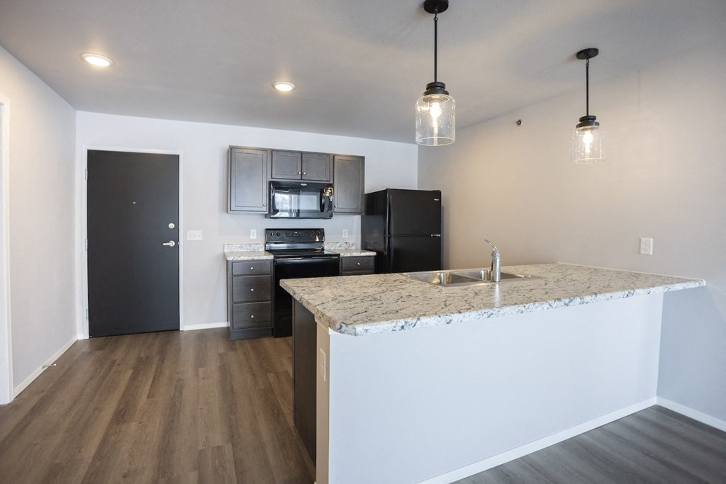 Modern open-concept kitchen and living area with black appliances.