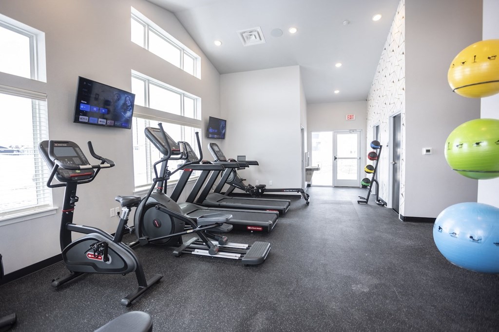 Modern gym with rows of cardio equipment.