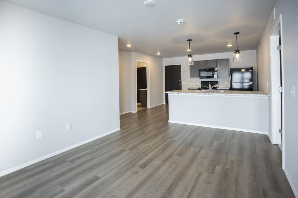 Modern open-concept kitchen and living area with black appliances.
