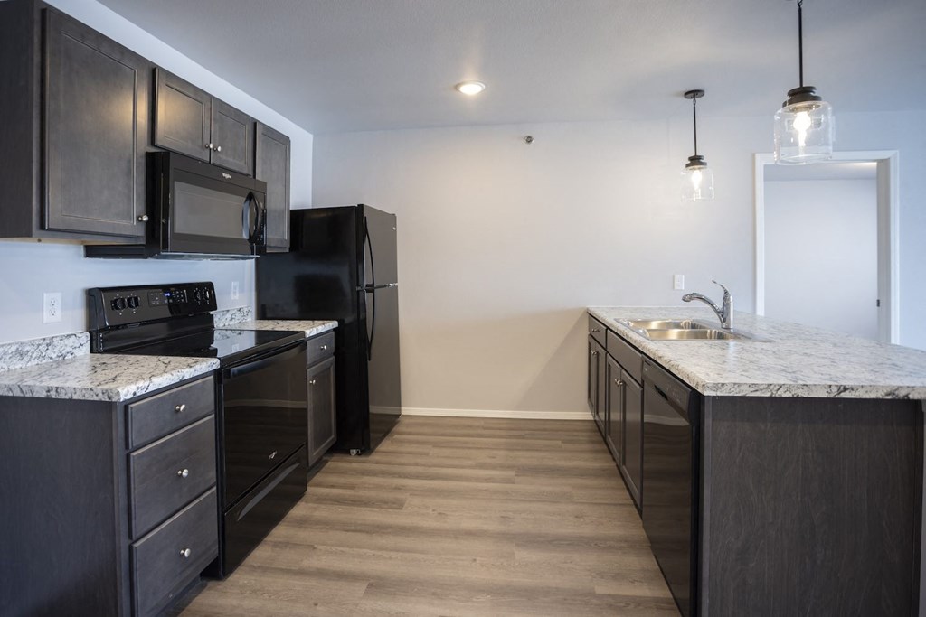 Modern open-concept kitchen and living area with black appliances.