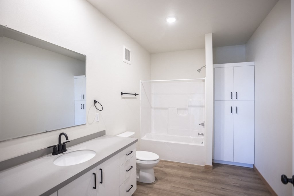 a bathroom with a large mirror and a sink and a toilet