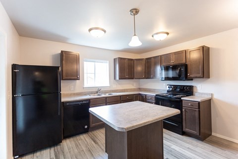 a kitchen with black appliances and a marble counter top