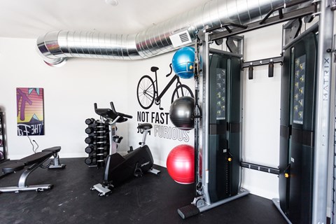 a home gym with weights and a bike hanging on the wall