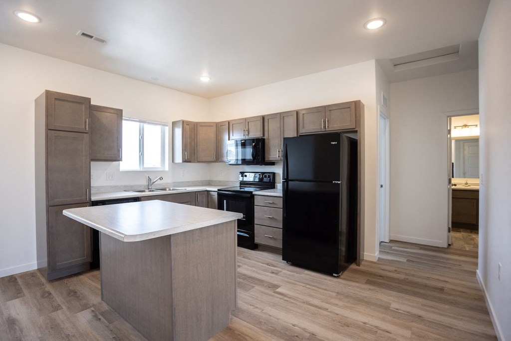 a kitchen with a black refrigerator and