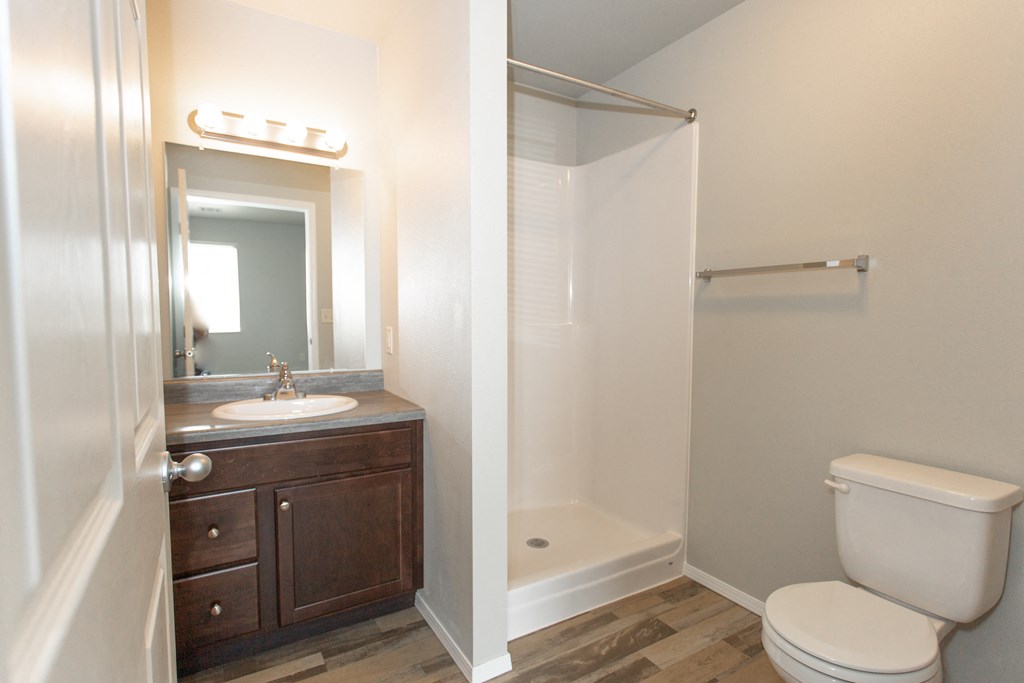 a bathroom with a toilet sink and shower and a mirror