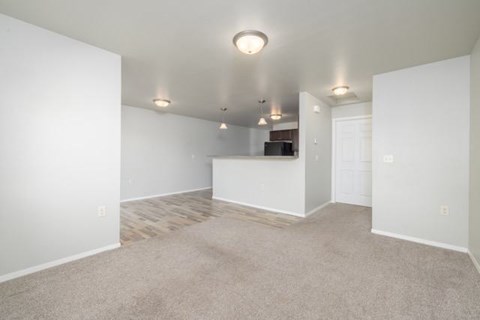A spacious room with a carpeted floor and a flat-screen TV mounted on the wall.