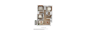 A floor plan of a house with a living room, kitchen, and two bedrooms.