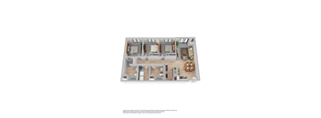 A 3D floor plan of a small apartment with a kitchen, living room, and bedrooms.