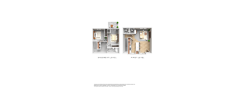 two dimensional rendering of 2 bedroom floor plans with first level and basement