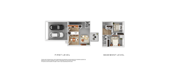 a 3d rendering of a residential floor plan and a first level of a house
