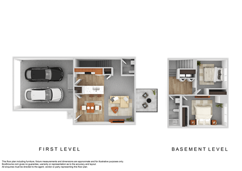 a 3d rendering of a residential floor plan and a first level of a house