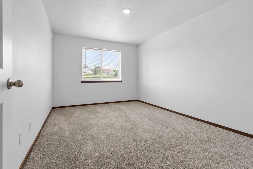 A room with a carpeted floor and a window showing a view of a house.