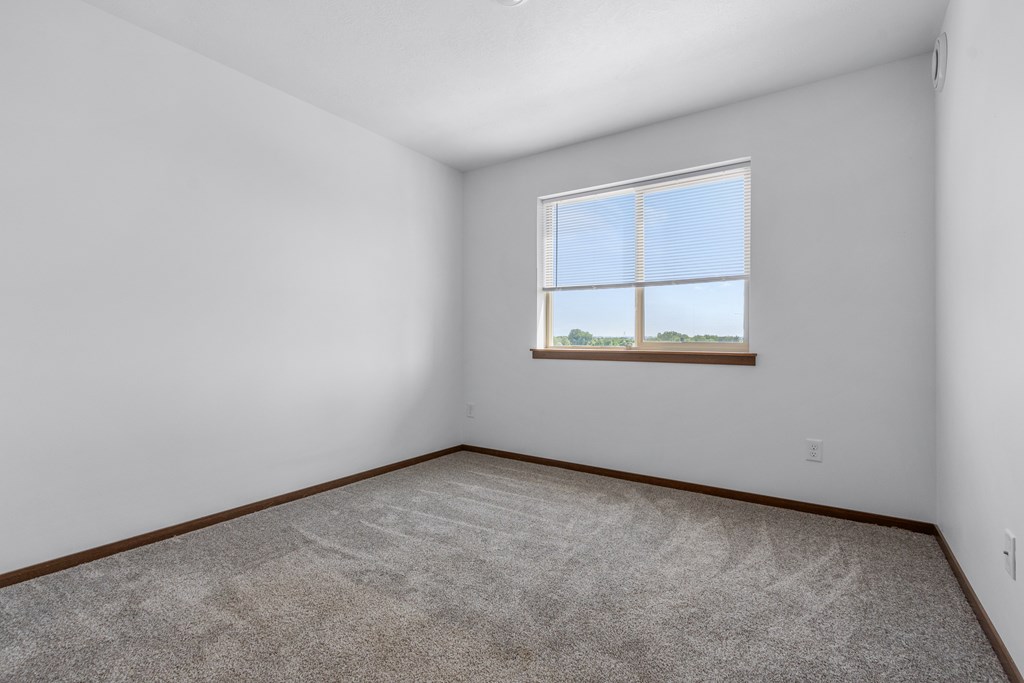 A room with a carpeted floor and a window showing a view of trees.