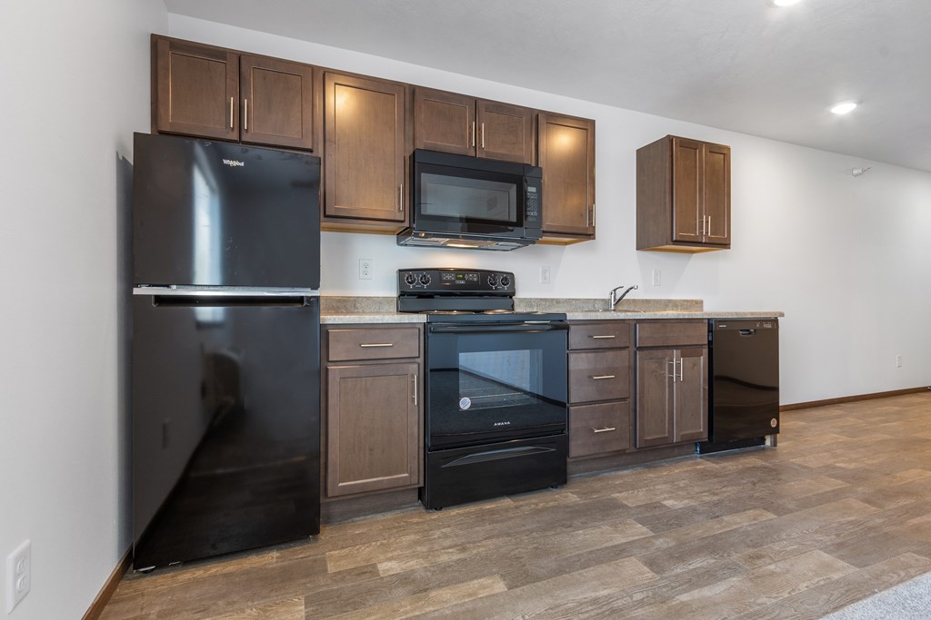A kitchen with a black fridge, black oven, and black microwave.