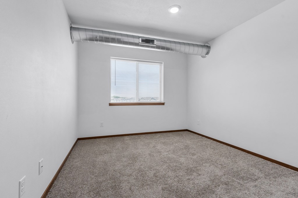 A room with a window and carpeted floor.