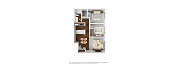 A floor plan of a small apartment with a kitchen, living room, and bedrooms.
