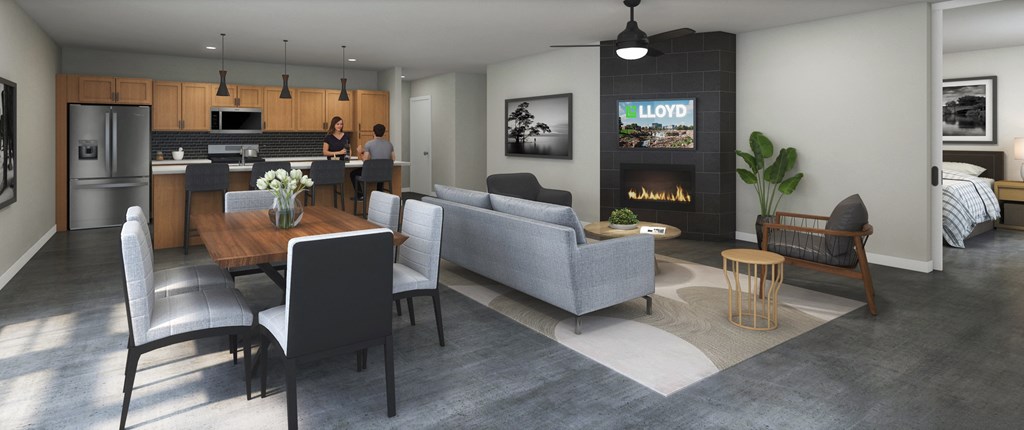 a rendering of a living room with a table and chairs and a fireplace