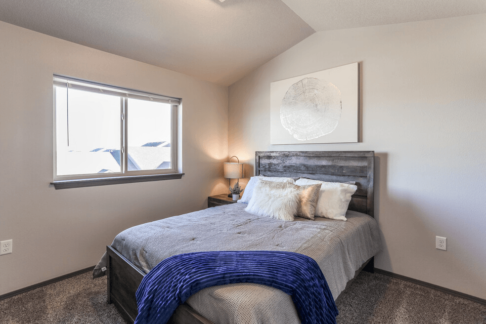 a bedroom with a bed and a window