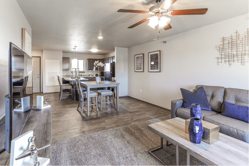 a living room and dining room with a couch and a table