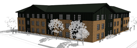 A black and brown building with trees in front.