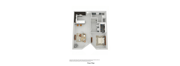 A floor plan of a small apartment with a kitchen, living room, and bathroom.