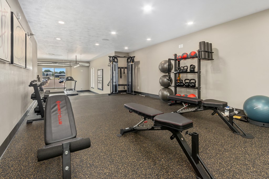 A gym with a variety of equipment including weights and a bench.