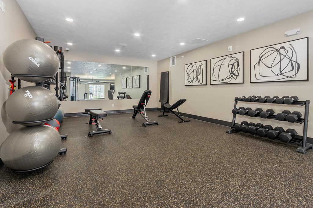 A gym with a variety of equipment including dumbbells, weight plates, and exercise balls.