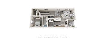 A 3D floor plan of a house with a kitchen, living room, and bathroom.