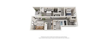 A 3D floor plan of a house with a kitchen, living room, and bathrooms.
