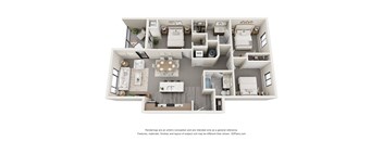 A 3D floor plan of a house with a kitchen, living room, and bedrooms.