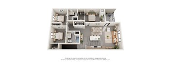 A 3D floor plan of a house with multiple rooms and furniture.