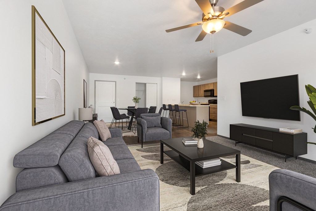 A living room with a grey sofa and a black television.