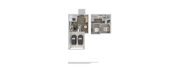 A floor plan of a two bedroom apartment with a garage.