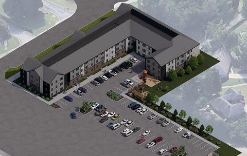 A 3D rendered image of a parking lot in front of a building.