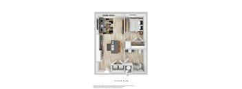 A floor plan of a small apartment with a kitchen, living room, and bedroom.