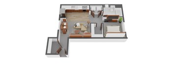 A 3D floor plan of a house with a living room, kitchen, and dining area.