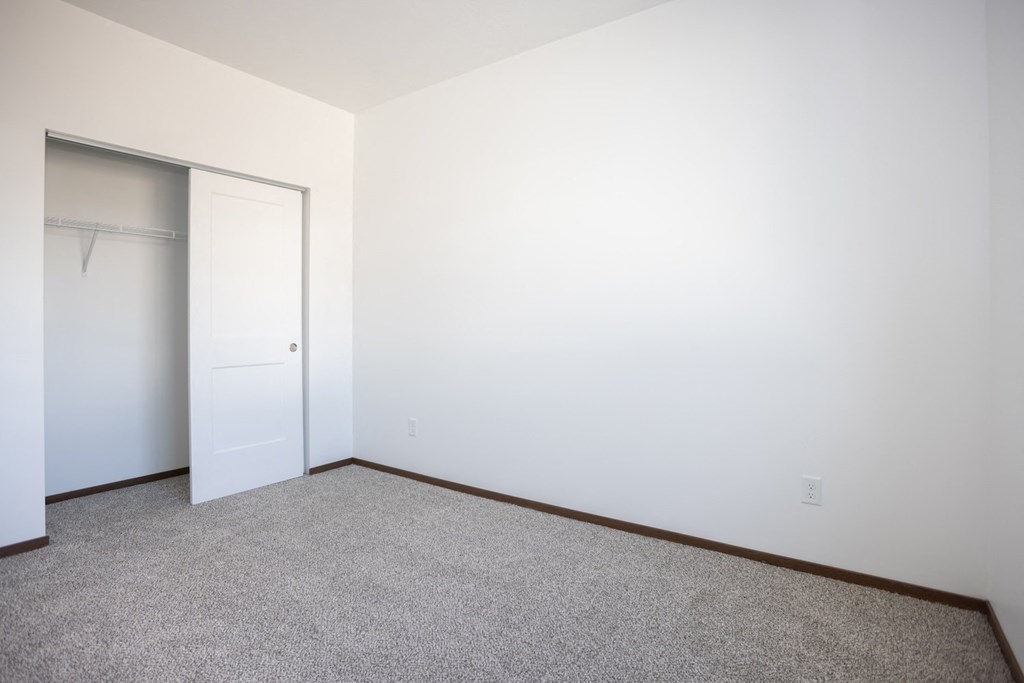 a room with carpet and a closet