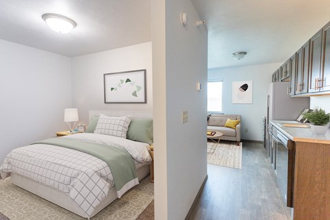 a bedroom and a living room with a bed and a kitchen
